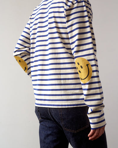 Kapital Stripe Smilie Patch Long Sleeve Tee, Blue