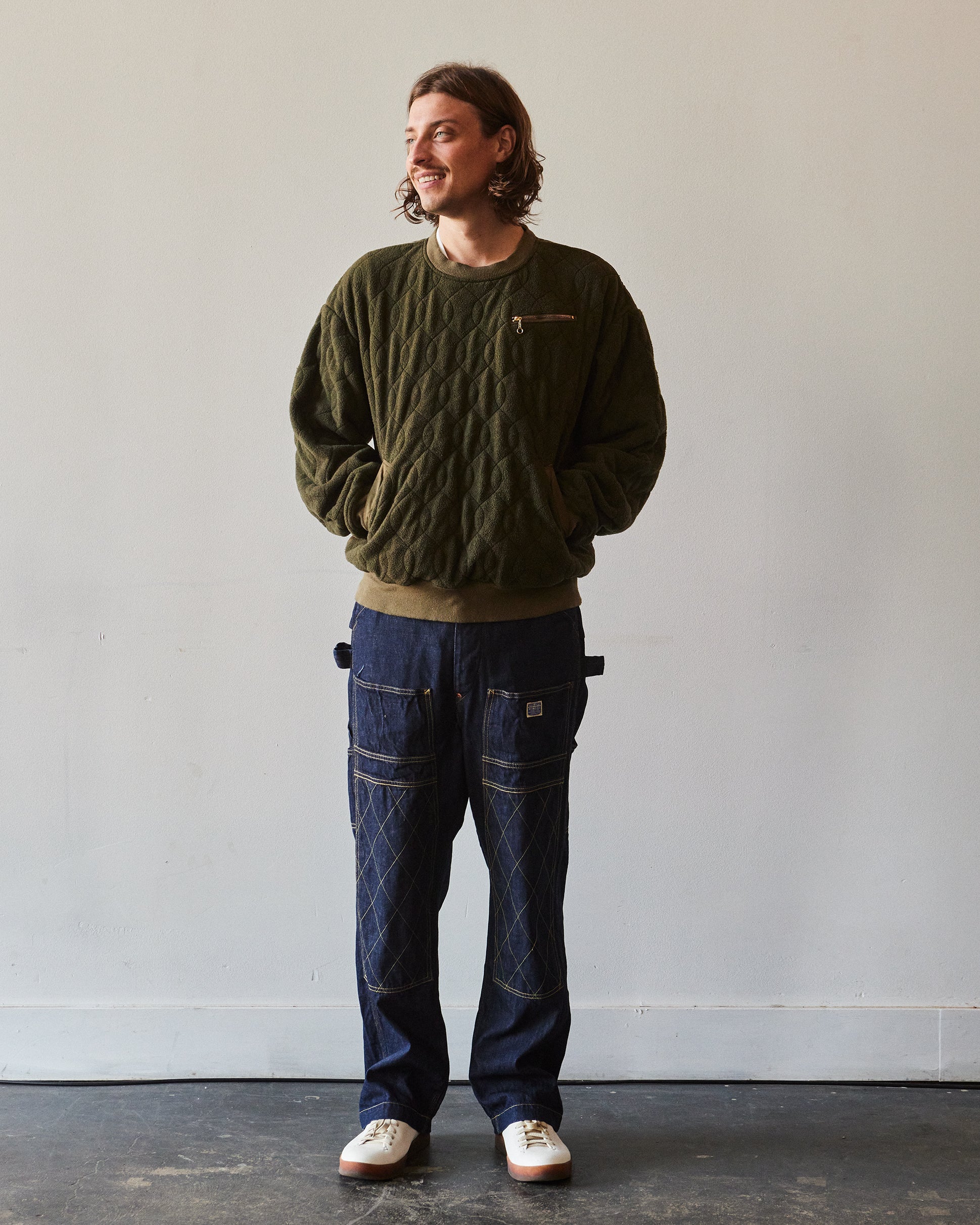 Kapital Waffle Quilt Crew Sweater, Khaki – Glasswing