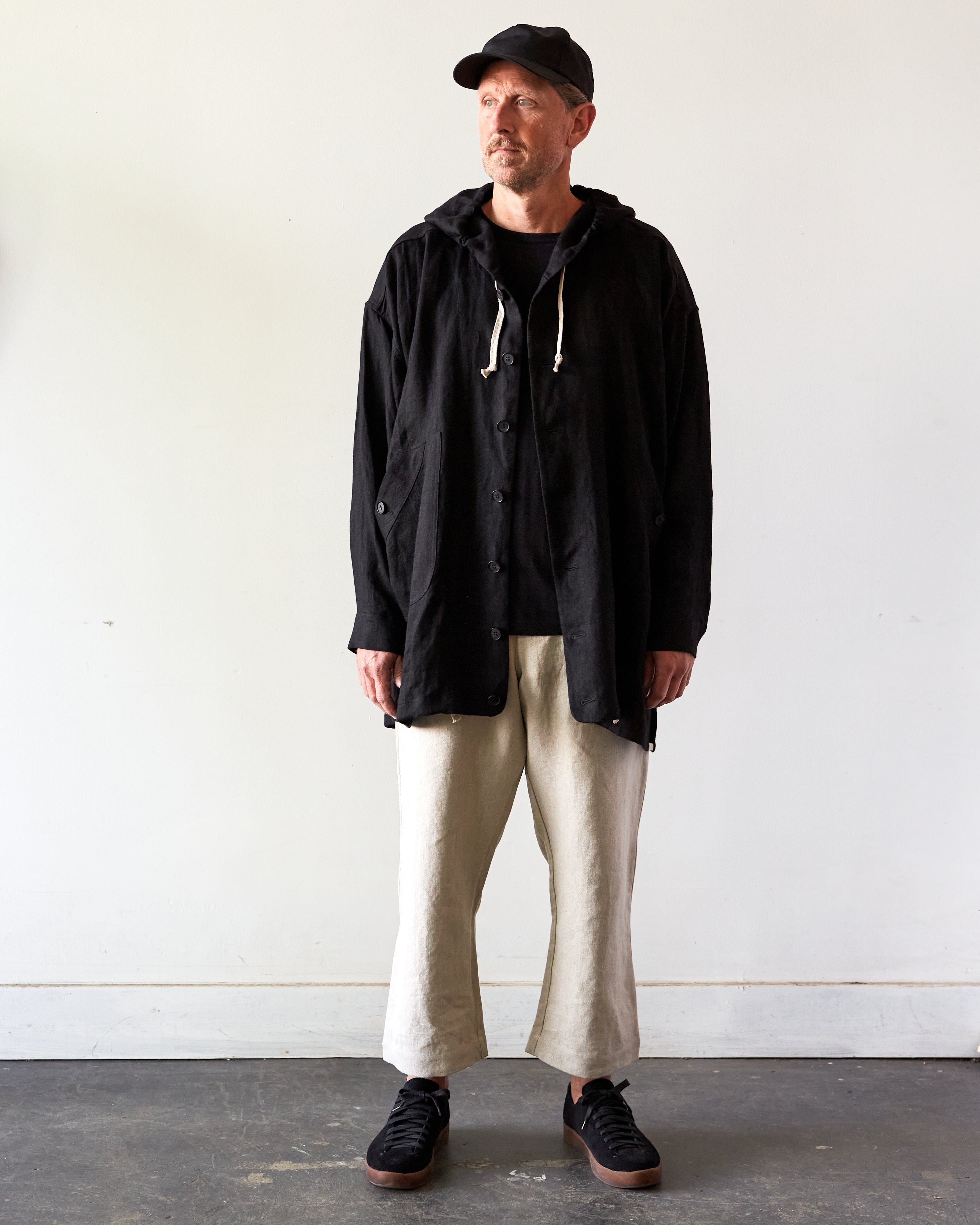 O project【M】リネン 麻 フーデットコート オーバーサイズ ブラック O-Project Hooded Jacket, Black Herringbone – Glasswing