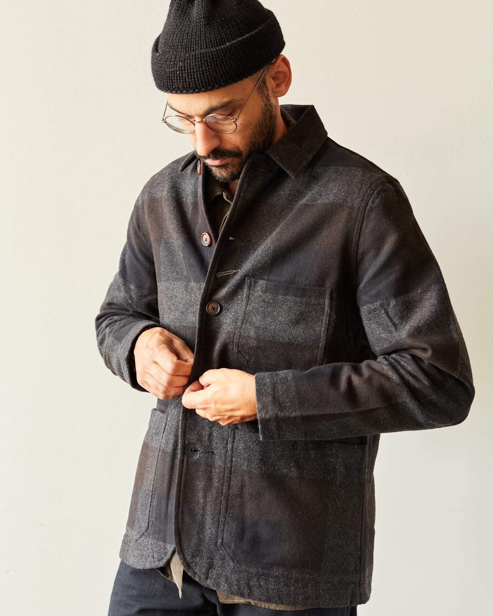 Universal Works Bakers Chore Jacket, Brown Messi Check | Glasswing