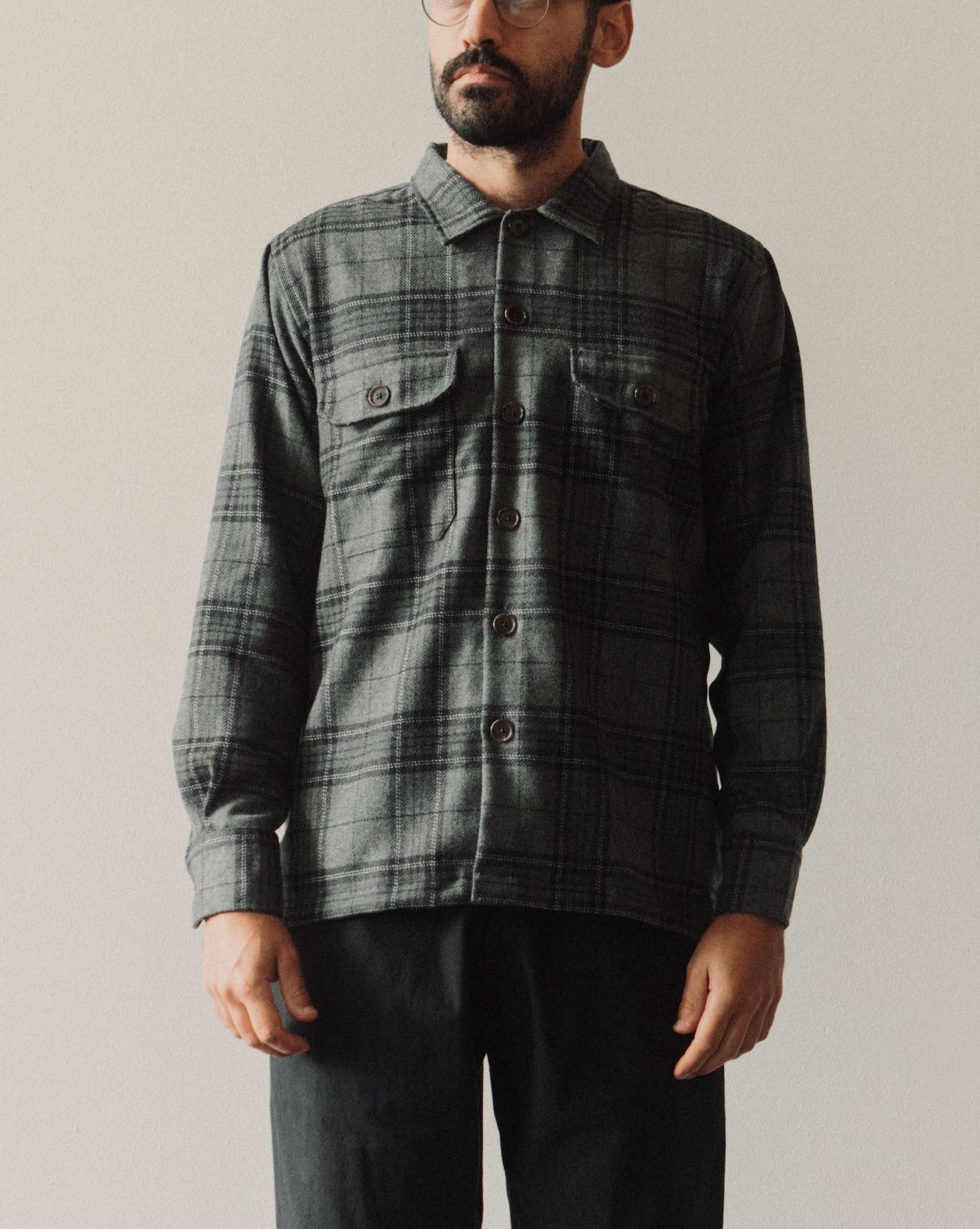 Universal Works L/S Utility Shirt, Grey Check | Glasswing