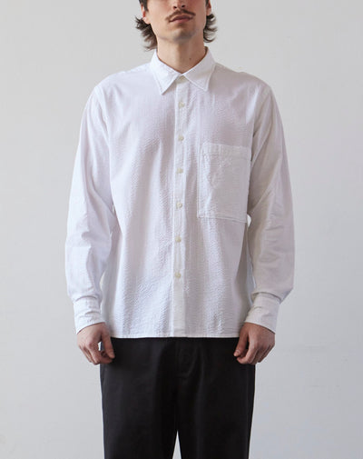 Universal Works Square Pocket Shirt, White Seersucker