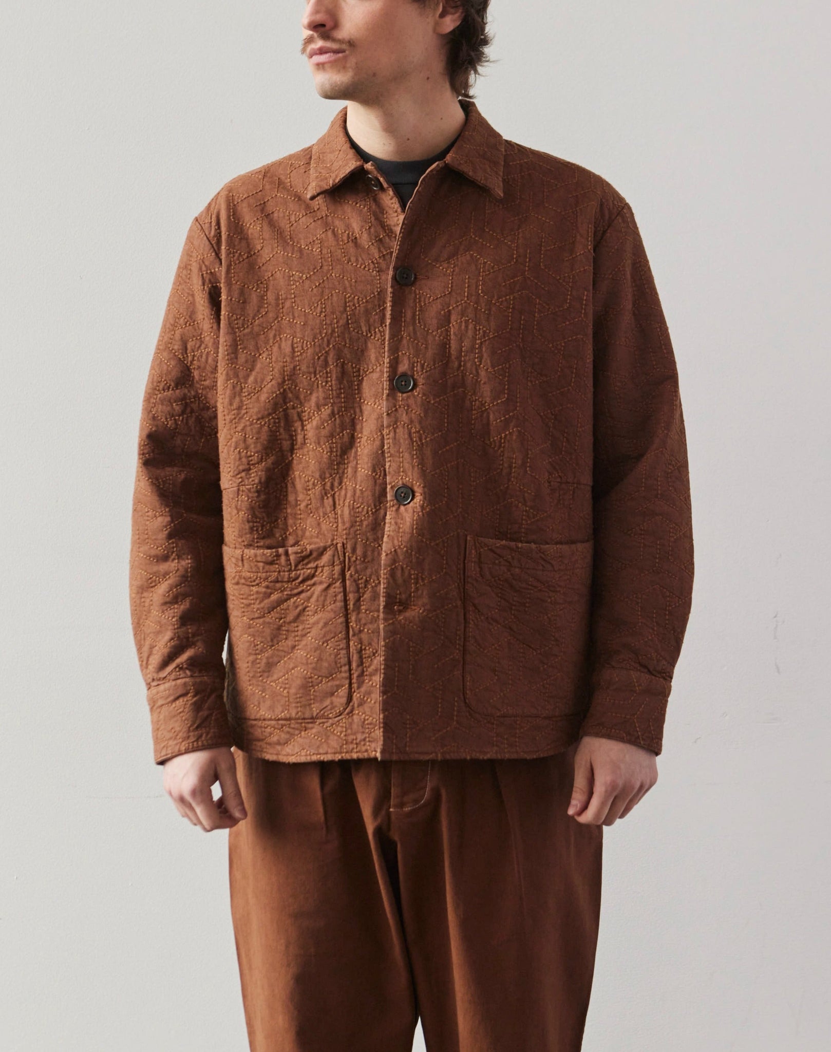 Universal Works Travail Quilt Shirt, Brown Marl Twill