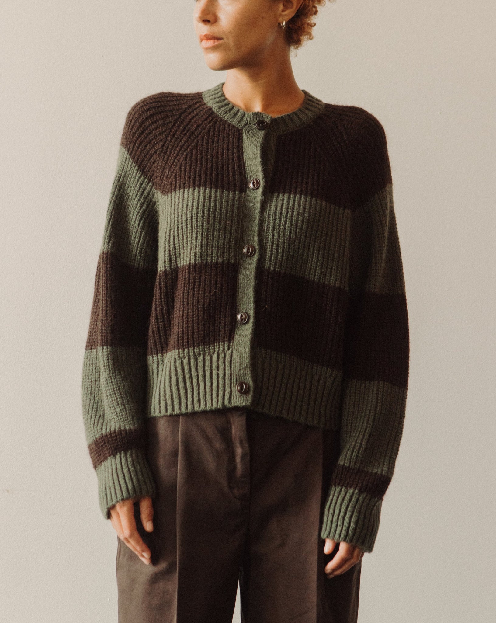 YMC Foxtail Cardigan, Green/Brown | Glasswing